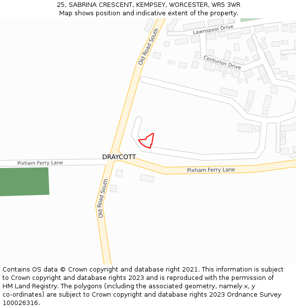 25, SABRINA CRESCENT, KEMPSEY, WORCESTER, WR5 3WR: Location map and indicative extent of plot