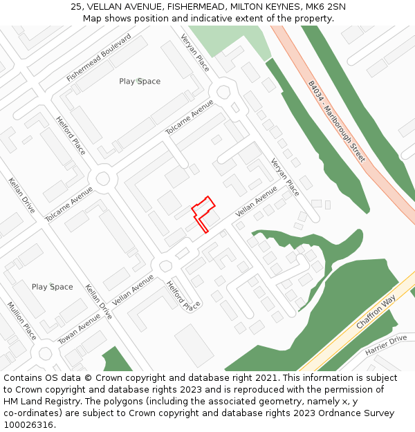 25, VELLAN AVENUE, FISHERMEAD, MILTON KEYNES, MK6 2SN: Location map and indicative extent of plot