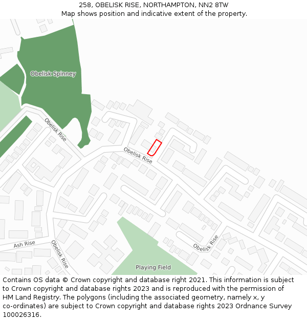 258, OBELISK RISE, NORTHAMPTON, NN2 8TW: Location map and indicative extent of plot