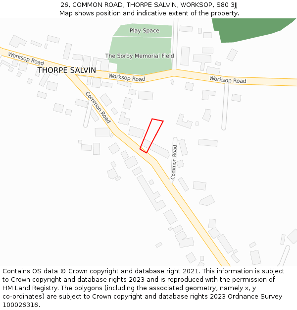 26, COMMON ROAD, THORPE SALVIN, WORKSOP, S80 3JJ: Location map and indicative extent of plot