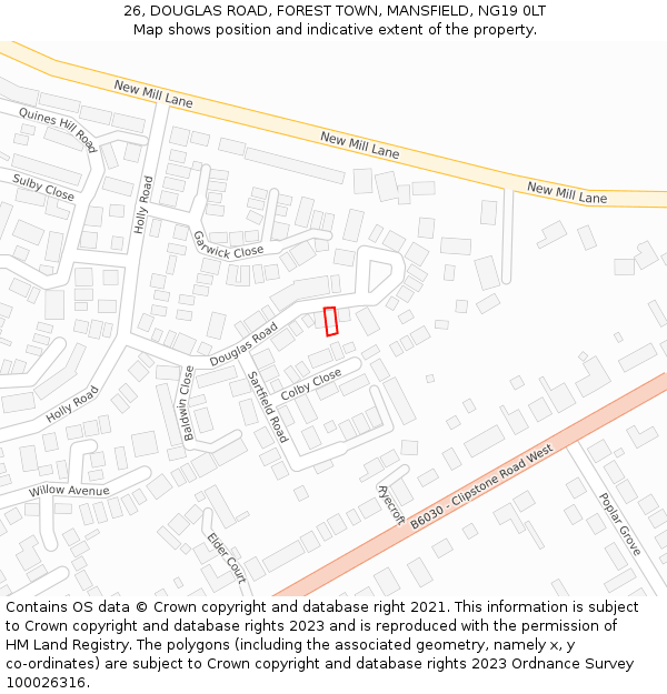 26, DOUGLAS ROAD, FOREST TOWN, MANSFIELD, NG19 0LT: Location map and indicative extent of plot