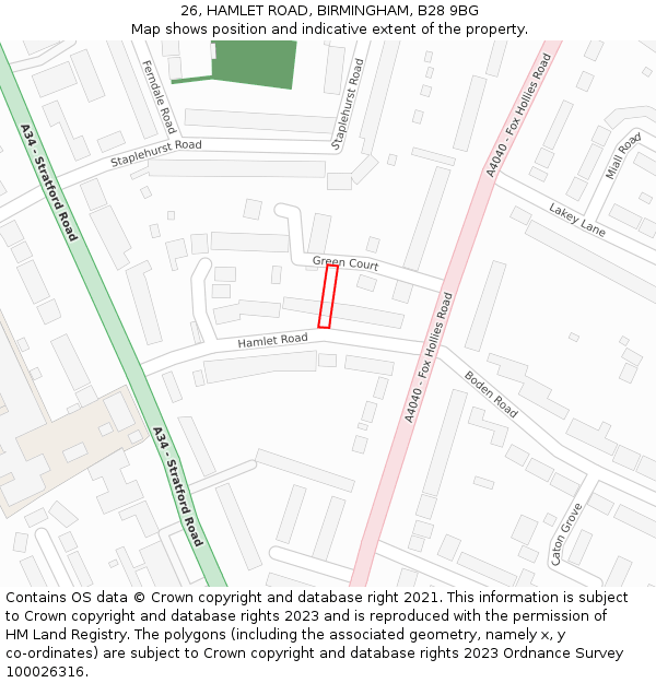 26, HAMLET ROAD, BIRMINGHAM, B28 9BG: Location map and indicative extent of plot