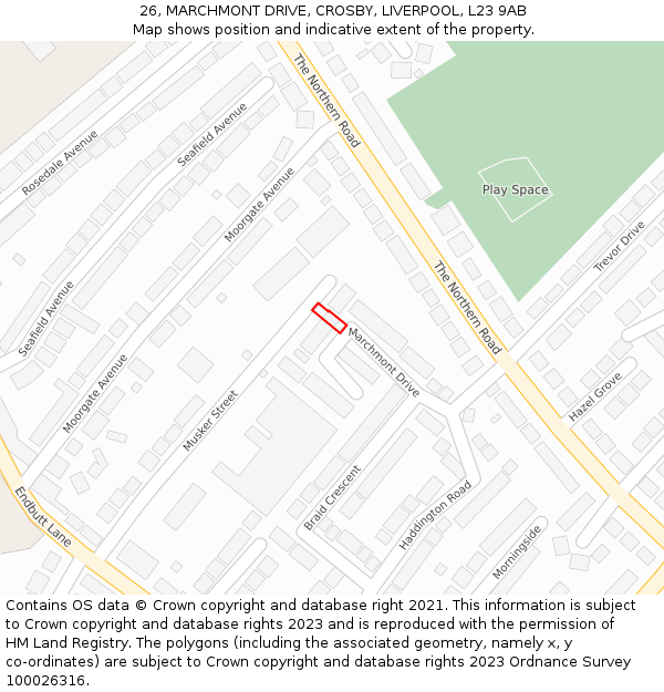 26, MARCHMONT DRIVE, CROSBY, LIVERPOOL, L23 9AB: Location map and indicative extent of plot