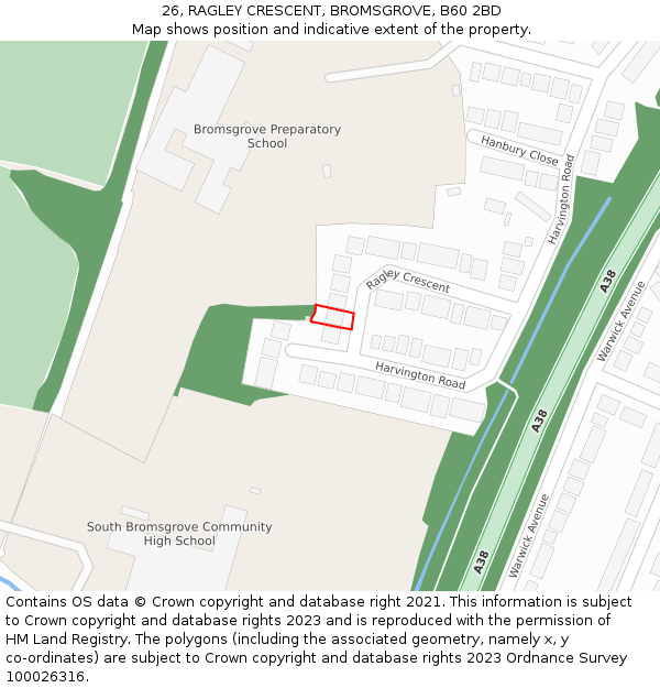 26, RAGLEY CRESCENT, BROMSGROVE, B60 2BD: Location map and indicative extent of plot