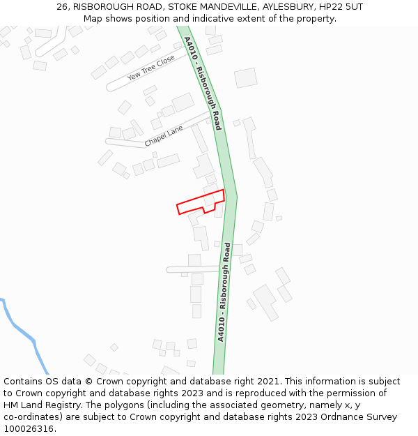 26, RISBOROUGH ROAD, STOKE MANDEVILLE, AYLESBURY, HP22 5UT: Location map and indicative extent of plot