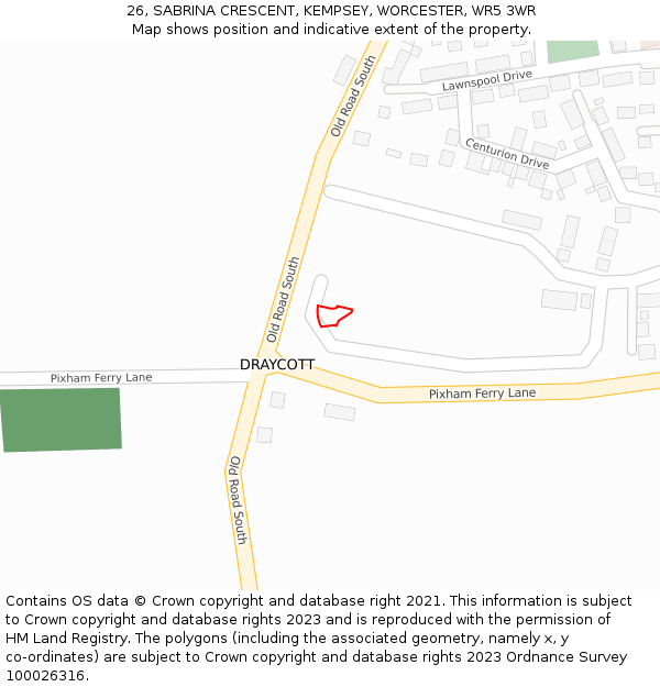 26, SABRINA CRESCENT, KEMPSEY, WORCESTER, WR5 3WR: Location map and indicative extent of plot