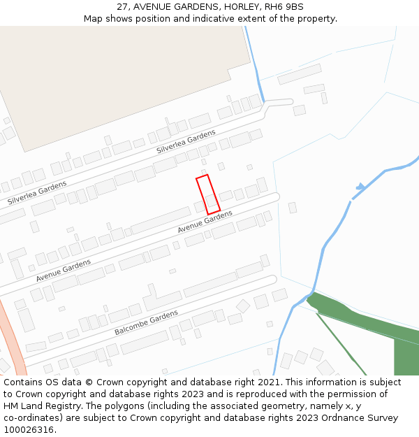 27, AVENUE GARDENS, HORLEY, RH6 9BS: Location map and indicative extent of plot