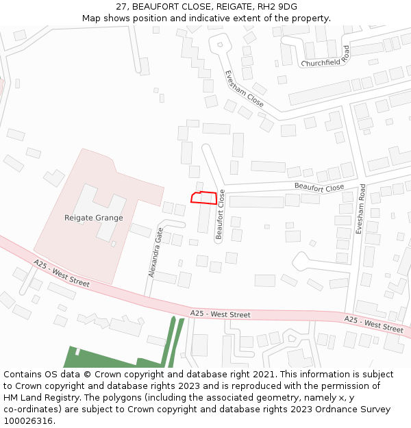 27, BEAUFORT CLOSE, REIGATE, RH2 9DG: Location map and indicative extent of plot