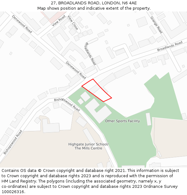 27, BROADLANDS ROAD, LONDON, N6 4AE: Location map and indicative extent of plot