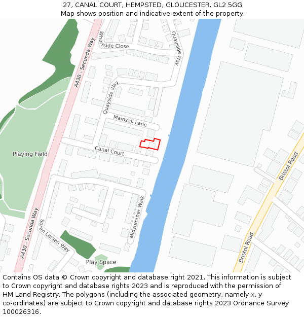 27, CANAL COURT, HEMPSTED, GLOUCESTER, GL2 5GG: Location map and indicative extent of plot