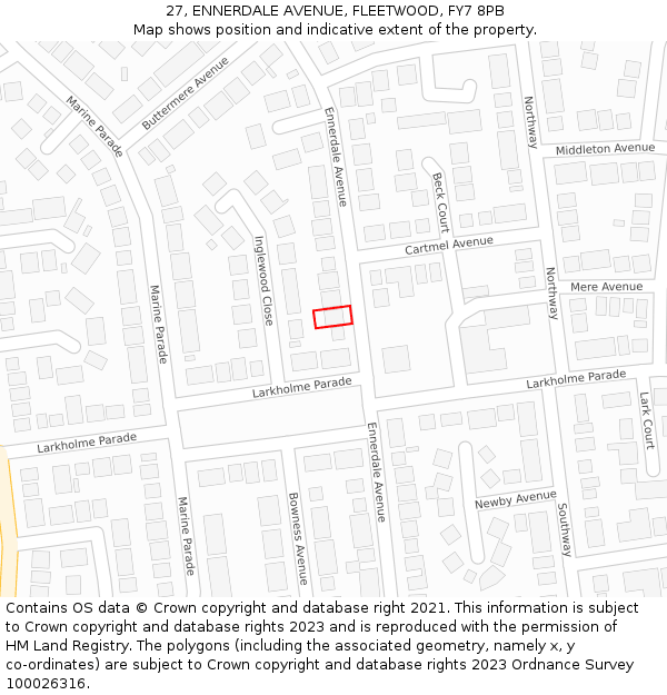 27, ENNERDALE AVENUE, FLEETWOOD, FY7 8PB: Location map and indicative extent of plot