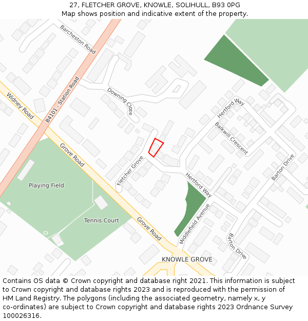 27, FLETCHER GROVE, KNOWLE, SOLIHULL, B93 0PG: Location map and indicative extent of plot