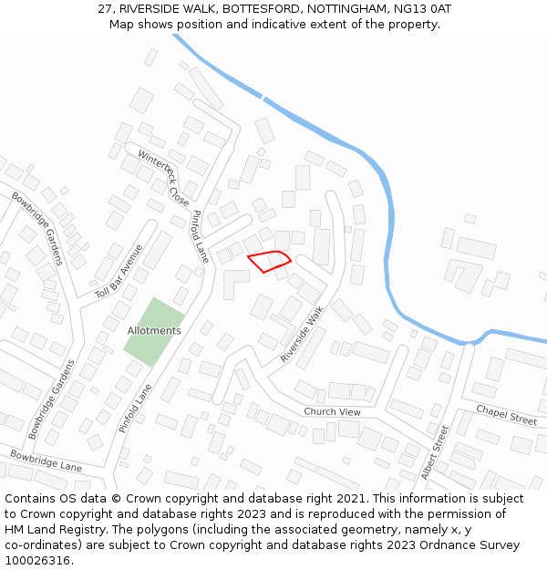 27, RIVERSIDE WALK, BOTTESFORD, NOTTINGHAM, NG13 0AT: Location map and indicative extent of plot