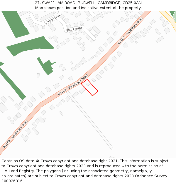 27, SWAFFHAM ROAD, BURWELL, CAMBRIDGE, CB25 0AN: Location map and indicative extent of plot