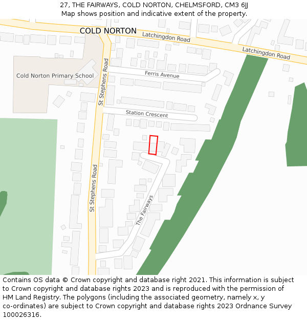 27, THE FAIRWAYS, COLD NORTON, CHELMSFORD, CM3 6JJ: Location map and indicative extent of plot