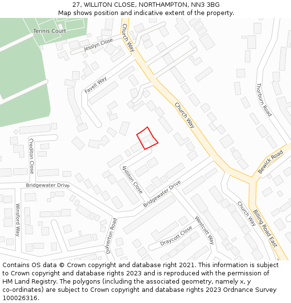 27, WILLITON CLOSE, NORTHAMPTON, NN3 3BG: Location map and indicative extent of plot