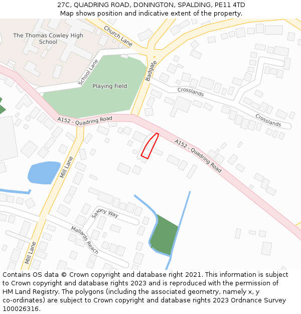 27C, QUADRING ROAD, DONINGTON, SPALDING, PE11 4TD: Location map and indicative extent of plot