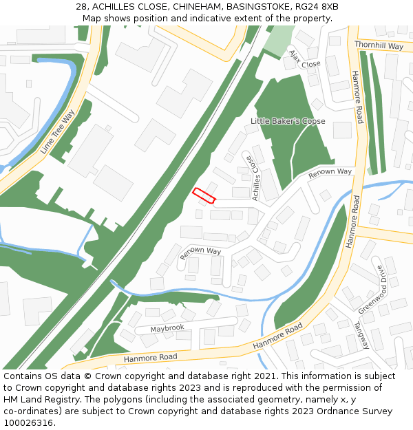 28, ACHILLES CLOSE, CHINEHAM, BASINGSTOKE, RG24 8XB: Location map and indicative extent of plot