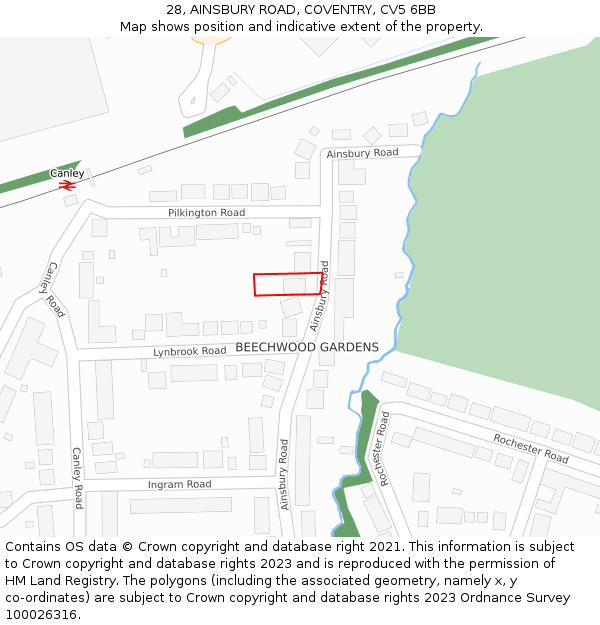 28, AINSBURY ROAD, COVENTRY, CV5 6BB: Location map and indicative extent of plot