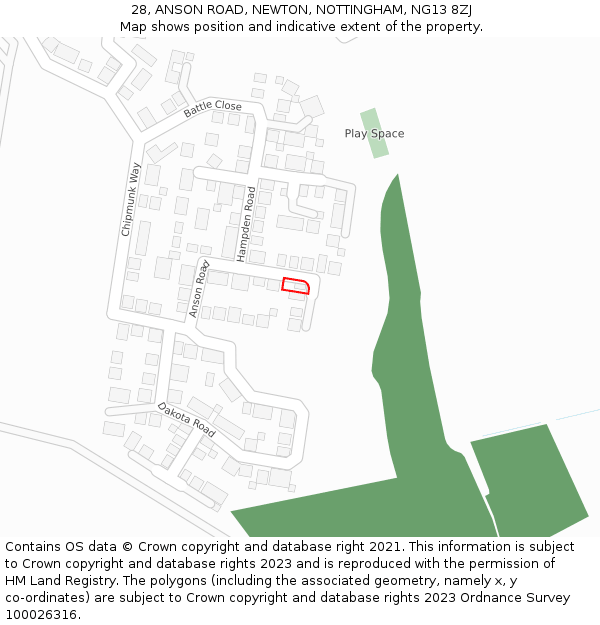 28, ANSON ROAD, NEWTON, NOTTINGHAM, NG13 8ZJ: Location map and indicative extent of plot