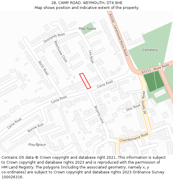 28, CAMP ROAD, WEYMOUTH, DT4 9HE: Location map and indicative extent of plot