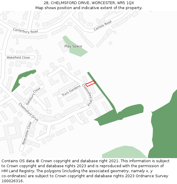 28, CHELMSFORD DRIVE, WORCESTER, WR5 1QX: Location map and indicative extent of plot