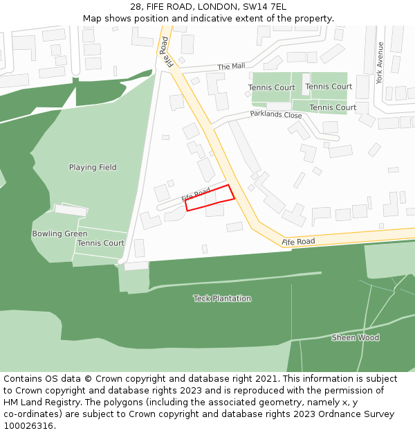 28, FIFE ROAD, LONDON, SW14 7EL: Location map and indicative extent of plot