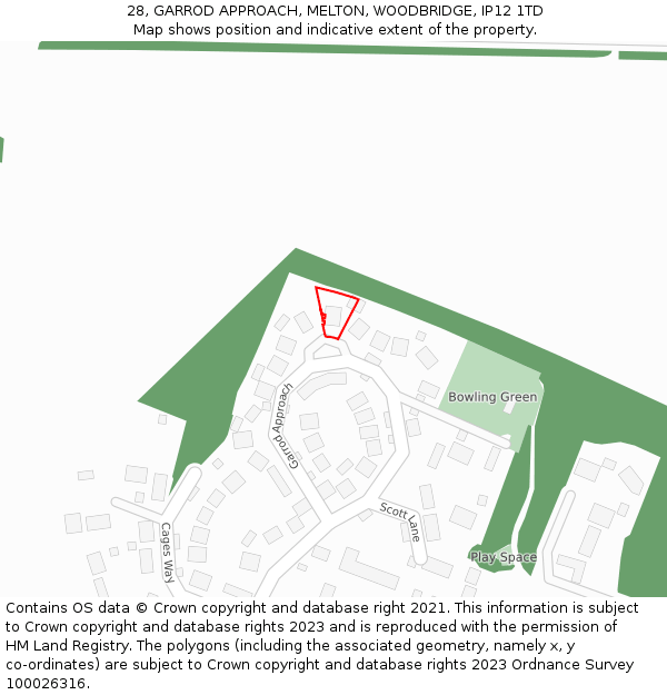 28, GARROD APPROACH, MELTON, WOODBRIDGE, IP12 1TD: Location map and indicative extent of plot