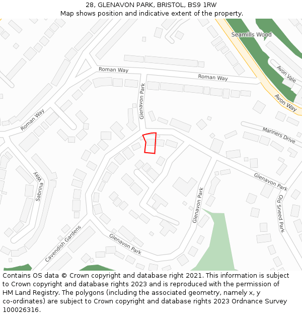 28, GLENAVON PARK, BRISTOL, BS9 1RW: Location map and indicative extent of plot