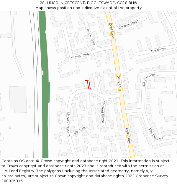 28, LINCOLN CRESCENT, BIGGLESWADE, SG18 8HW: Location map and indicative extent of plot