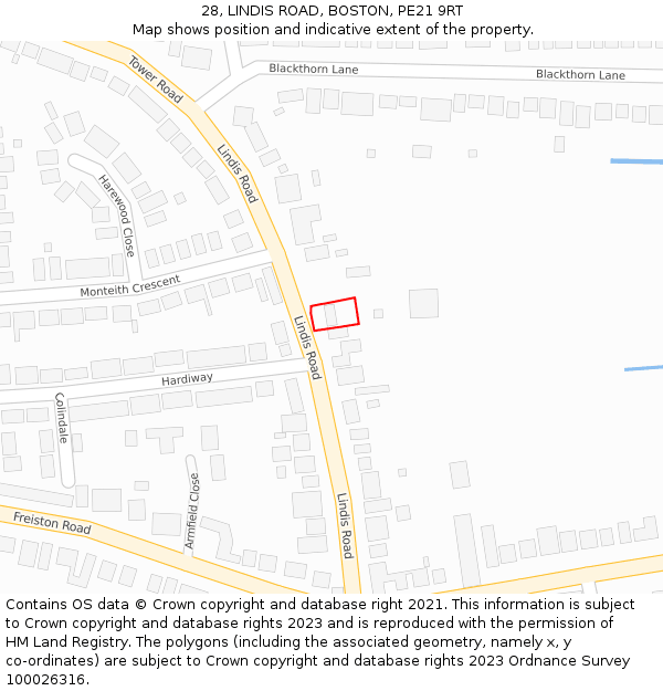 28, LINDIS ROAD, BOSTON, PE21 9RT: Location map and indicative extent of plot