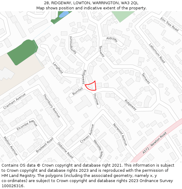 28, RIDGEWAY, LOWTON, WARRINGTON, WA3 2QL: Location map and indicative extent of plot