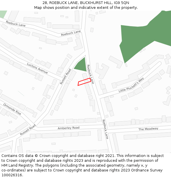 28, ROEBUCK LANE, BUCKHURST HILL, IG9 5QN: Location map and indicative extent of plot