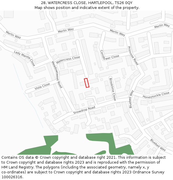 28, WATERCRESS CLOSE, HARTLEPOOL, TS26 0QY: Location map and indicative extent of plot