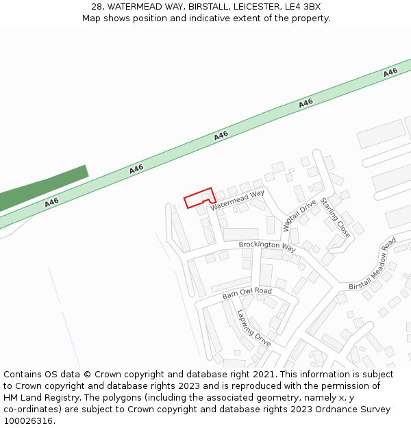 28, WATERMEAD WAY, BIRSTALL, LEICESTER, LE4 3BX: Location map and indicative extent of plot