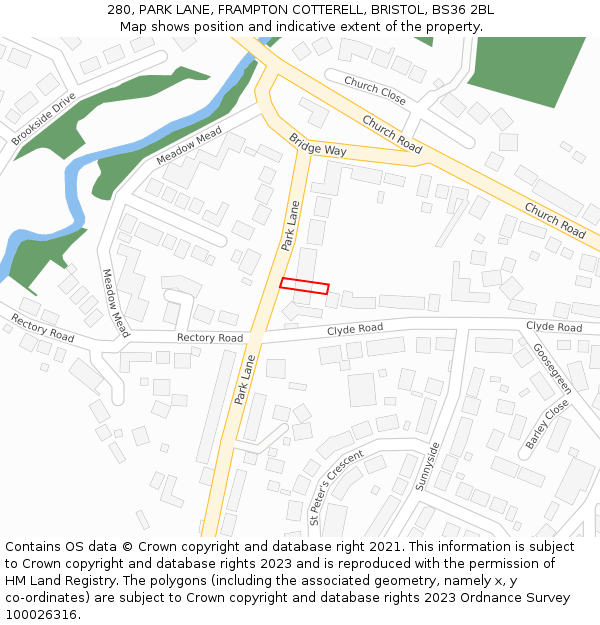 280, PARK LANE, FRAMPTON COTTERELL, BRISTOL, BS36 2BL: Location map and indicative extent of plot