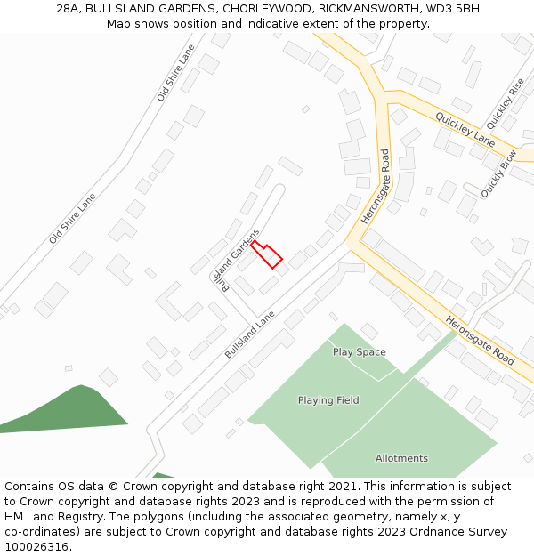 28A, BULLSLAND GARDENS, CHORLEYWOOD, RICKMANSWORTH, WD3 5BH: Location map and indicative extent of plot