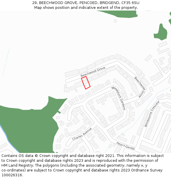 29, BEECHWOOD GROVE, PENCOED, BRIDGEND, CF35 6SU: Location map and indicative extent of plot