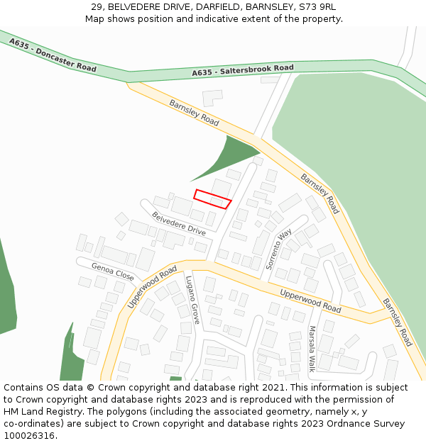 29, BELVEDERE DRIVE, DARFIELD, BARNSLEY, S73 9RL: Location map and indicative extent of plot