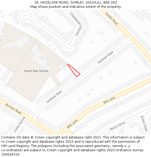 29, HAZELOAK ROAD, SHIRLEY, SOLIHULL, B90 2AZ: Location map and indicative extent of plot