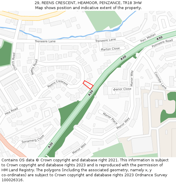 29, REENS CRESCENT, HEAMOOR, PENZANCE, TR18 3HW: Location map and indicative extent of plot