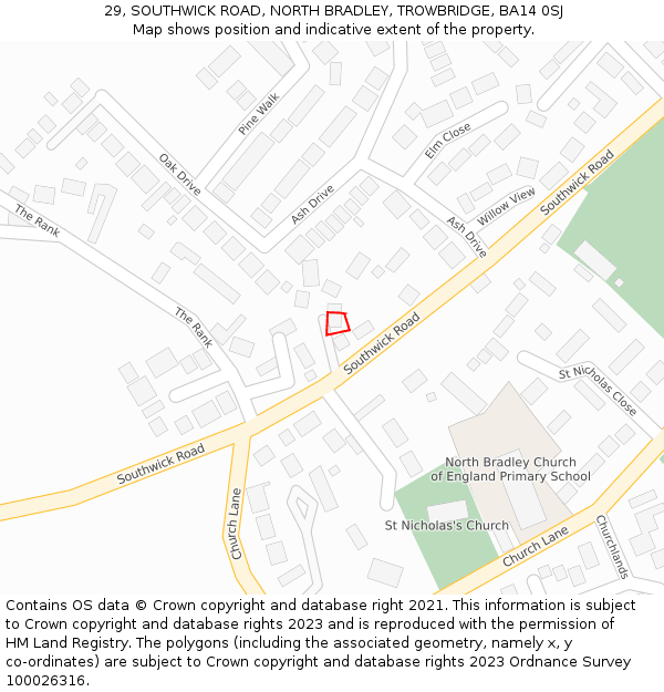 29, SOUTHWICK ROAD, NORTH BRADLEY, TROWBRIDGE, BA14 0SJ: Location map and indicative extent of plot