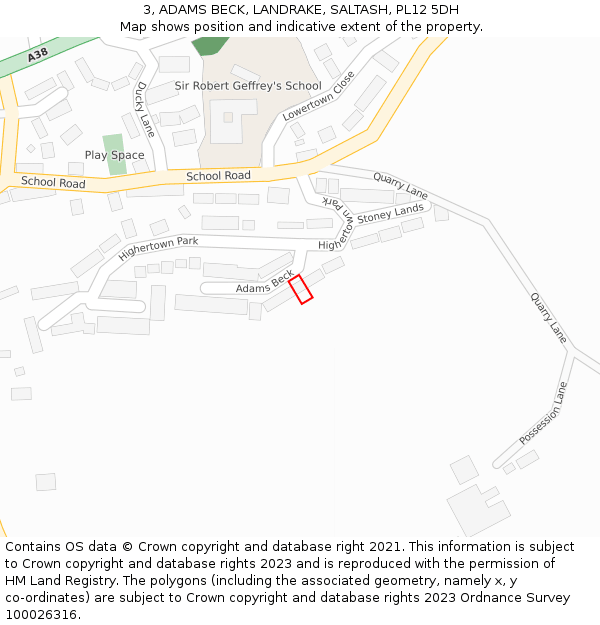 3, ADAMS BECK, LANDRAKE, SALTASH, PL12 5DH: Location map and indicative extent of plot