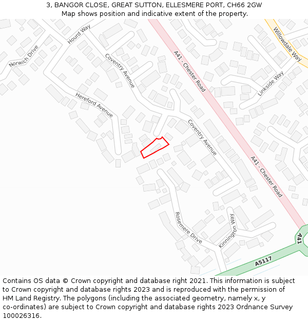 3, BANGOR CLOSE, GREAT SUTTON, ELLESMERE PORT, CH66 2GW: Location map and indicative extent of plot