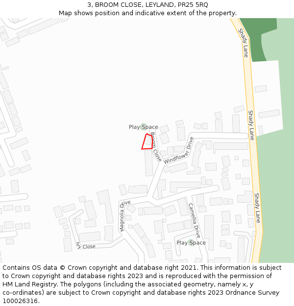 3, BROOM CLOSE, LEYLAND, PR25 5RQ: Location map and indicative extent of plot