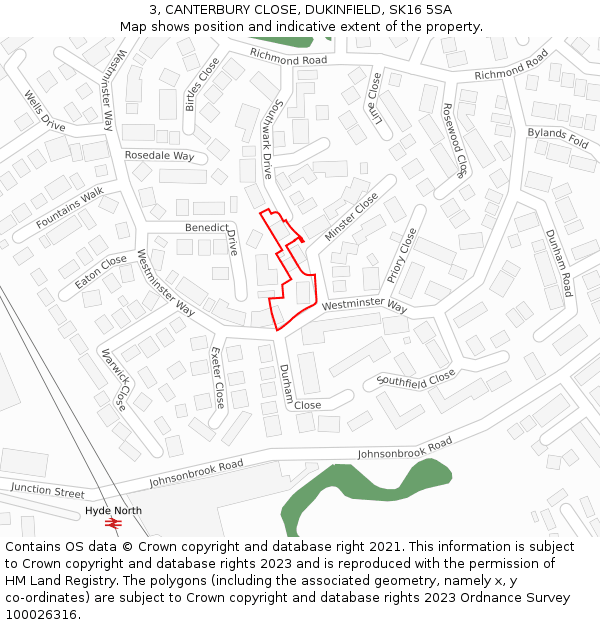 3, CANTERBURY CLOSE, DUKINFIELD, SK16 5SA: Location map and indicative extent of plot