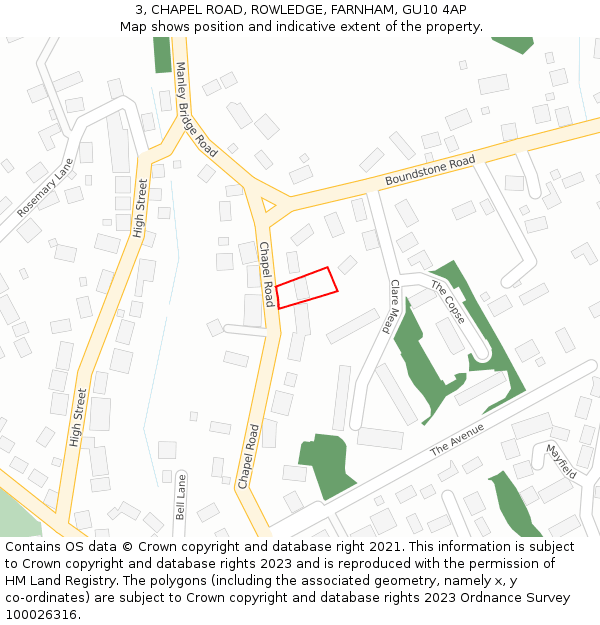 3, CHAPEL ROAD, ROWLEDGE, FARNHAM, GU10 4AP: Location map and indicative extent of plot