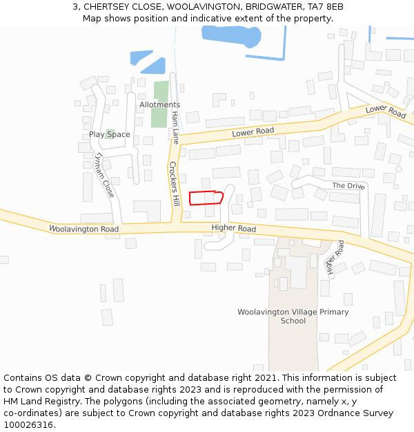 3, CHERTSEY CLOSE, WOOLAVINGTON, BRIDGWATER, TA7 8EB: Location map and indicative extent of plot