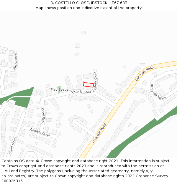 3, COSTELLO CLOSE, IBSTOCK, LE67 6RB: Location map and indicative extent of plot