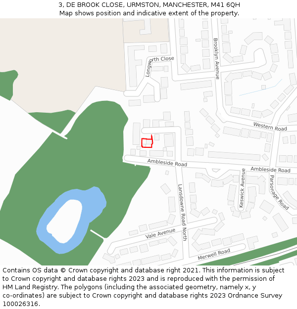 3, DE BROOK CLOSE, URMSTON, MANCHESTER, M41 6QH: Location map and indicative extent of plot